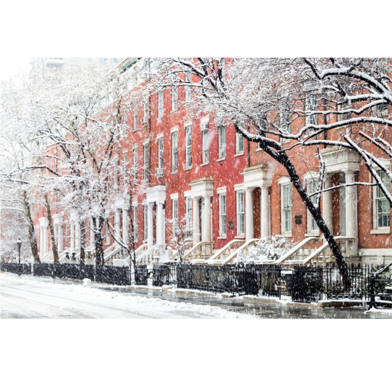 NYC homes during a winter storm, covered with snow and ice