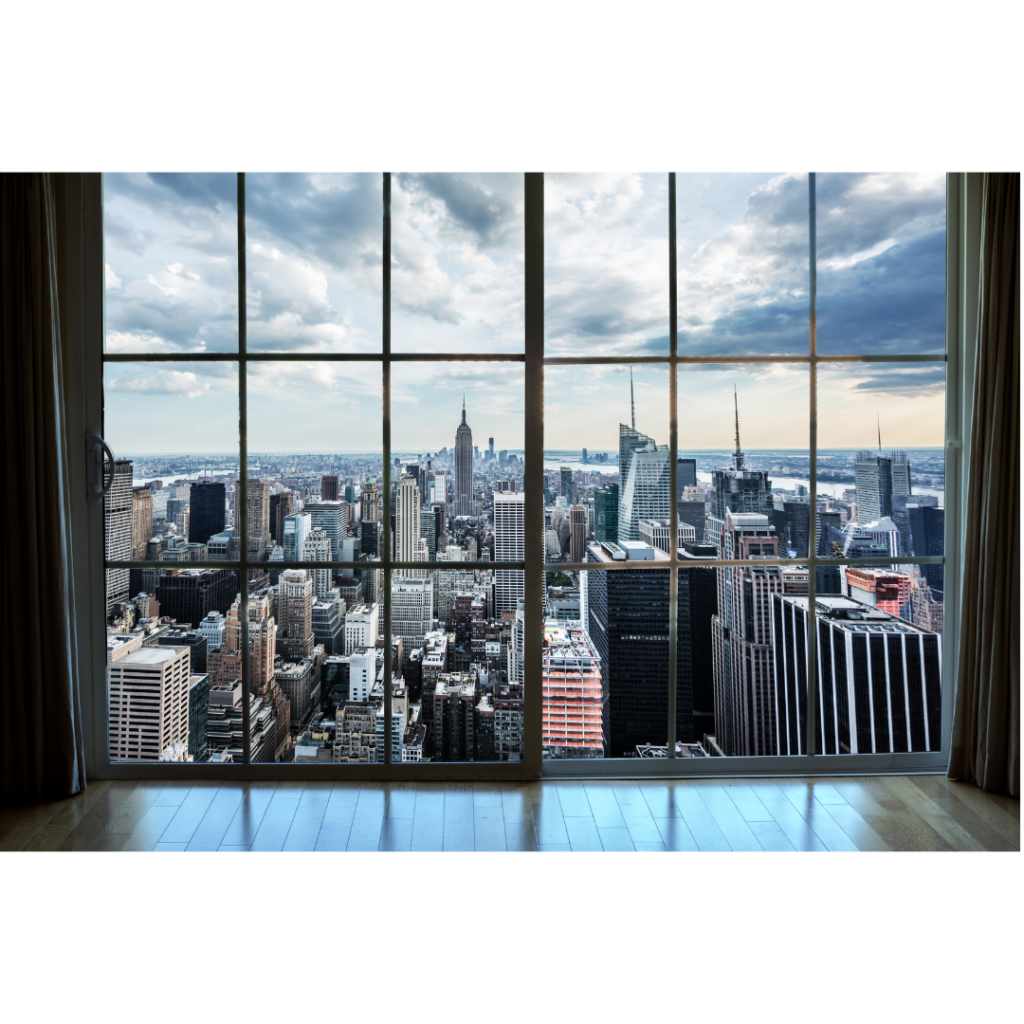 View out of a high rise window of a gloomy NYC.